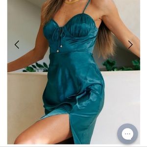 Runaway the label Chic Teal Satin Midi Dress